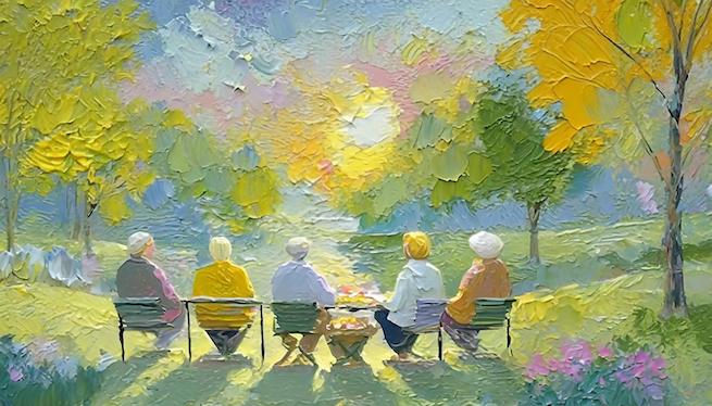 Fem äldre män och kvinnor i 70-årsåldern sitter i en park. Stilen är Van Gogh.
