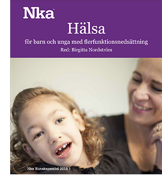 Omslag till kunskapsöversikten Hälsa för banr och unga med flerfunktionsnedsättning. Omslaget har lila bakgrund och en bild på en flicka och en kvinna.