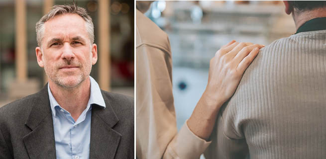Tvådelad bild. Till vänster: Björn Ekman. Till höger: En person håller sin hand på en mans axel.
