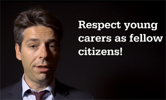 Bild på Stecy med en svart bakgrund och med texten Respect young carers as fellow citizens!