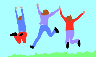 En tecknad bild på tre personer som hoppar i luften