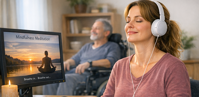En kvinna sitter och mediterar framför en man som sitter i rullstol 