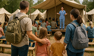 Familjer som anländer till lägerplats där en sjuksköterska står på en scen och talar