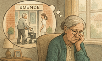 En kvinna sitter i en fåtölj och ser uppgiven ut, på bilden finns också en tankebubbla med en man som går in med sin rullstol på ett boende 