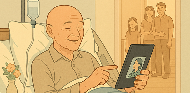 En man ligger i en sjukhussäng i sitt hem och talar med vården i sin platta, en familj skymtar i bakgrunden
