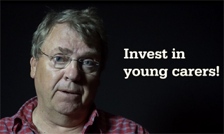 Bild på Ingvar med en svart bakgrund där det står med vit text Invest in young carers!