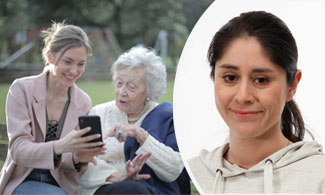 Bild till vänster, bild på en kvinna och en äldre kvinna som sitter på en parkbänk och kollar i telefonen, till höger bild på Maria Nilsson