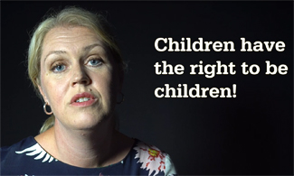 Bild på Lena Hallengren med ev svart bakgrund och en vit text där det står Children have the right to be children!