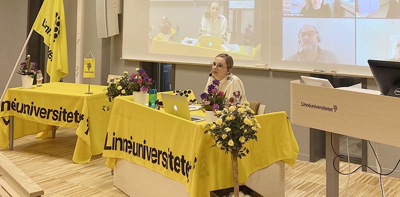 Bild på Frida Andersson som sitter vid Linnéuniversitets bord och sitter i ett digitalt möte.