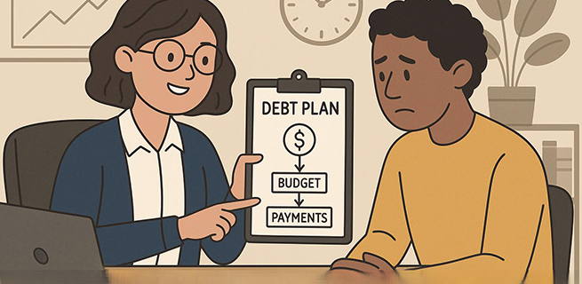 En kvinna hjälper en ung man att se över sin budget, bilden är illustrerad 