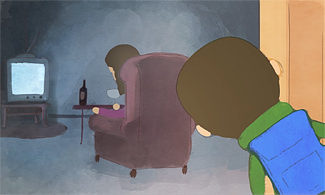 En tecknad bild på en mamma som sitter i en fåtölj bortvänd med en flaska vin på sidobordet och sonen kikar in och ser sin mamma.