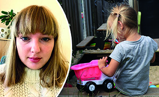 Bild på Sofia till vänster och bild på en flicka som leker med en lastbil till höger