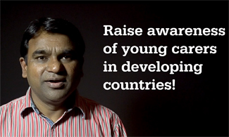 Bild på Anil med en svart bakgrund med en vit text dä det står Raise awarness of young carers in developing countries!