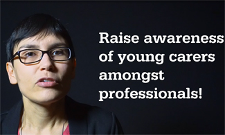 Bild på Licia med en svart bakgrund där det står med vit text Raise awareness of young carers amongst professionals!