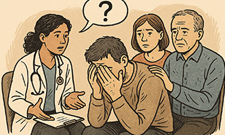 En läkare pratar med en kvinna och en man samtidigt som en annan man sitter framför dem och håller händerna i huvudet