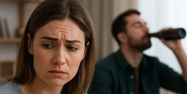 Kvinna är ledsen och en man sitter och dricker 