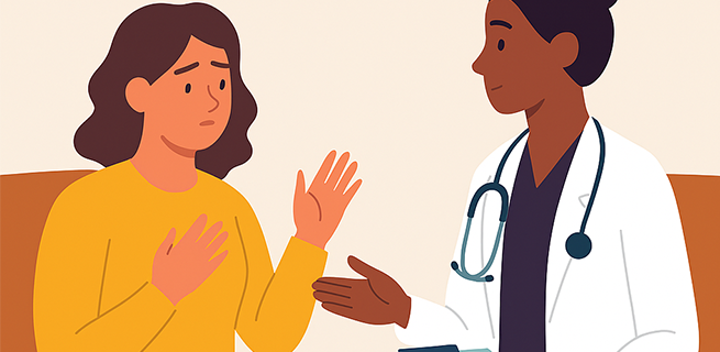 En person i läkaruniform lyssnar på en kvinna som berättar något