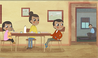 En tecknad bild på en familj som sitter vid matbordet som tittar på pappan som sitter i vardagsrummet och ser nedstämd ut.
