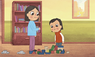 En tecknad bild på en flicka och en pojke, pojken leker med klossar.