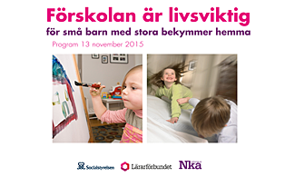 Bild på presentations bild med roste text där det står Förskolan är livsviktig, i mitten bild på ett barn som målar och ett barn som leker med en docka.