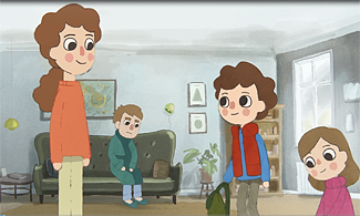 En tecknad bild på två barn och en mamma och en pappa som sitter i bakgrunden och ser nedstämd ut
