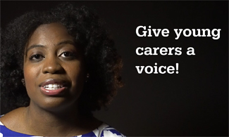 Bild på Feylyn med svart bakgrund och en vit text där det står Give young carers a voice!