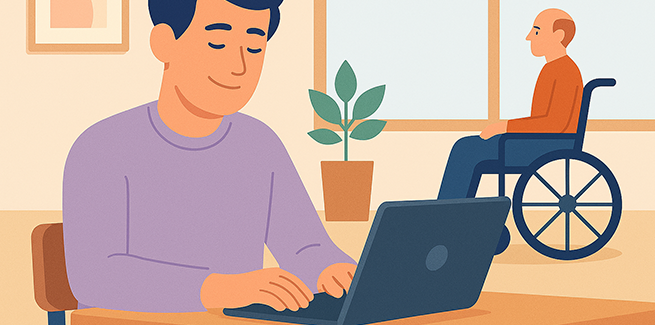 En man sitter och läser från en dator och en annan man sitter i rullstol i bakgrunden och tittar ut genom ett fönster