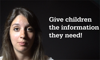 Bild på Elise med en svart bakgrund och en vit text där det står Give Children the information they need!