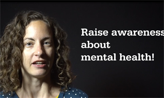 Bild på Stefania med en svart bakgrund och med en vit text där det står Raise awarness about mental health!