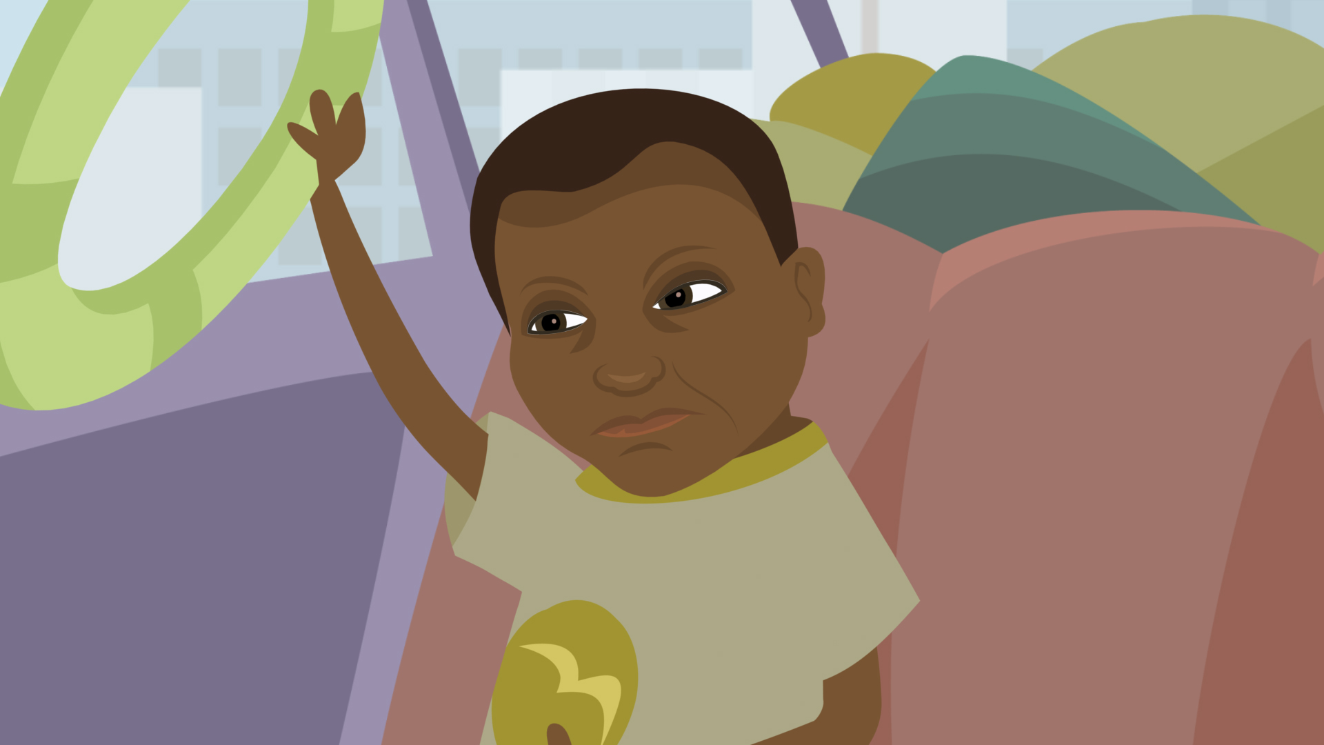 Tecknad bild på ett mörkhyad barn som stäcker upp armen i en bil