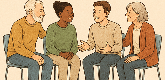 Några personer sitter i en cirkel  och samtalar med varandra. 