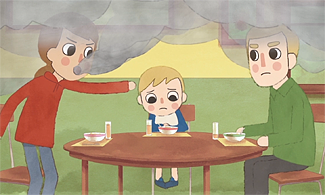 En tecknad bild på två föräldrar som bråkar vid matbordet och barnet sitter i mitten och ser ledsen ut.
