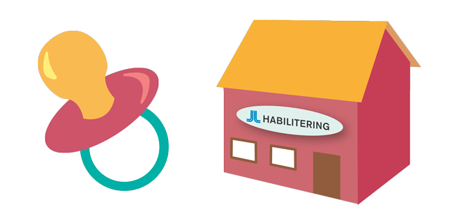 Illustration av en napp och ett hus med texten "Habilitering".