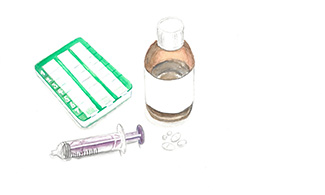 Illustration som visar en dosett, medicinflaska, spruta och tabletter