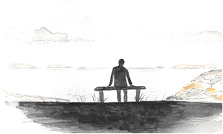 Illustration som visar en person på en bänk och tittar ut över havet