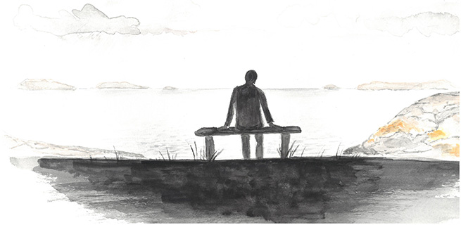 Illustration som visar en person på en bänk och tittar ut över havet