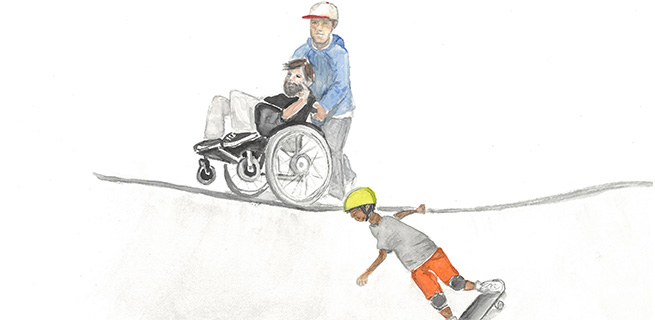 En ung man blir körd i rullstol och ett barn åker skateboard