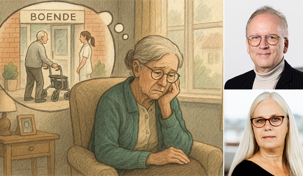 En animerad bild med en dam som sitter i en stol och ser bekymrad ut, en tankebubbla ser man en person som är på väg in i ett boende. Det finns också två bilder på två forskare i en hörnet av bilden. 