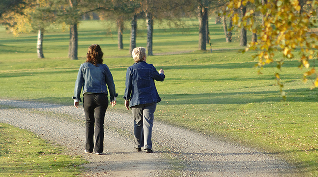 Två personer promenerar i en park