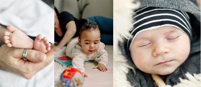 Tre bilder: En på bebisfötter och två bilder på bebisar.