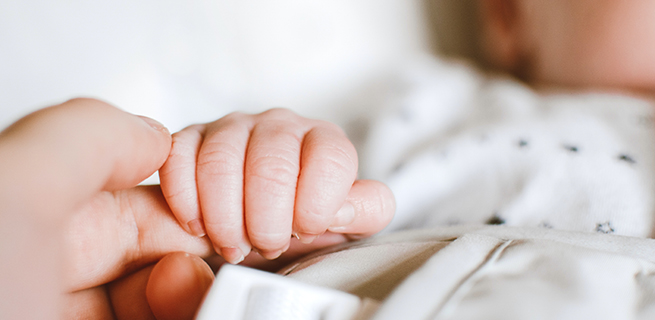En bebis håller i en vuxens finger.