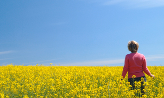 En kvinna går i ett gult rapsfält. Himlen är klarblå med nästan inga moln.