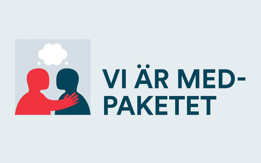 Illustration som visar två personer som pratar, samt texten "Vi är med-paketet"