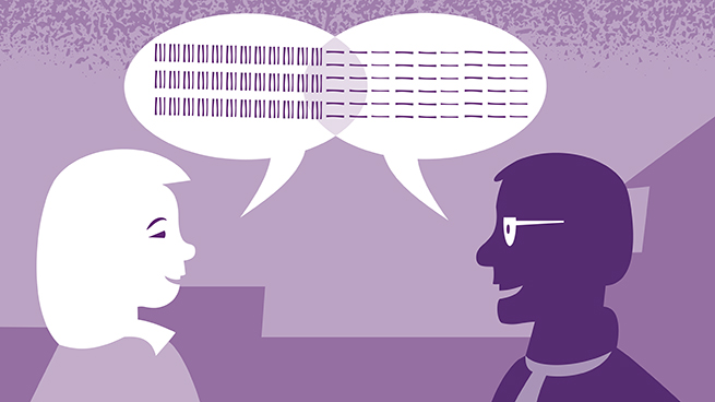 Illustration som visar en man och en kvinna som pratar. På bilden syns två pratbubblor.