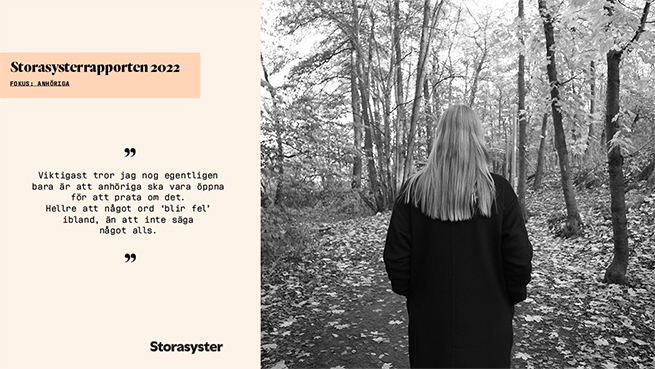 Omslag av rapport samt en svartvit bild på en kvinna som går i en skog med ryggen mot kameran.