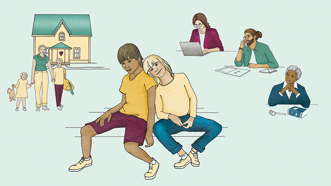 Illustration som visar personer som sitter, personer som står framför ett hus och personer som arbetar vid datorn, pratar i mobil och har en lagbok framför sig.