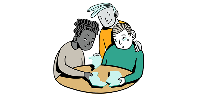 Illustration som visar tre personer runt ett bord