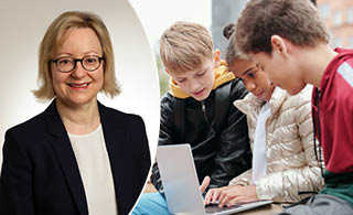 Elizabeth Hanson och en bild på tre ungdomar som tittar på en dator.