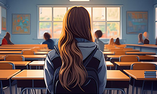 Elev sitter ensam i ett klassrum