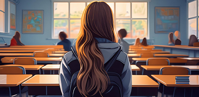 Elev sitter ensam i ett klassrum